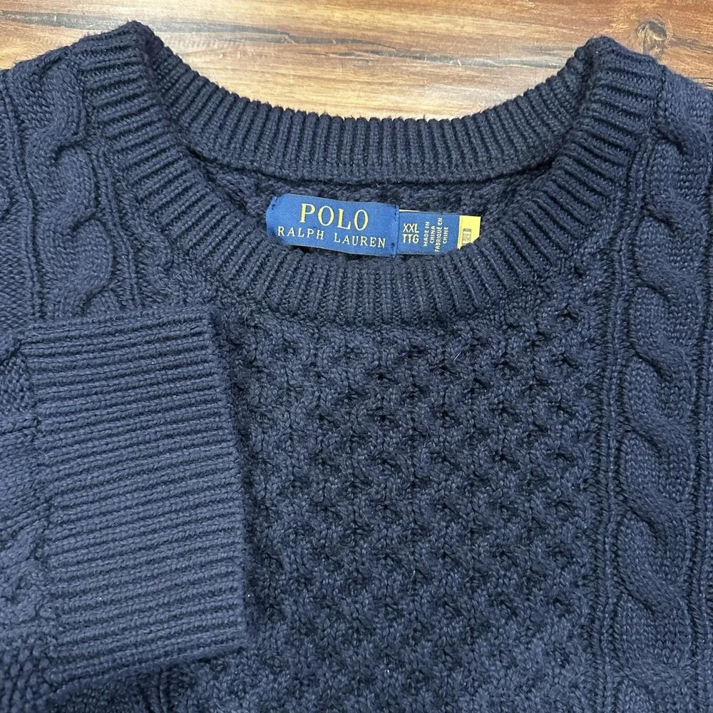 Polo Ralph Lauren Sweater Mens 2XL Blue Cable Knit Heavyweight Cotton Crewneck